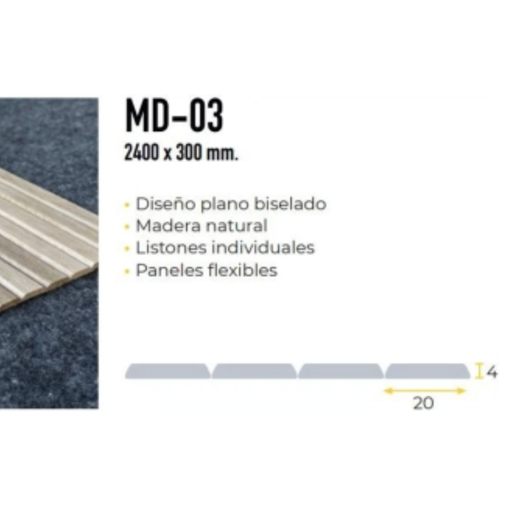 Ficha técnica panel flexible de roble modelo MD-03, diseño plano biselado, 2400 x 300 mm