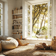 Rincón de lectura acogedor en otoño con puf, cestos de mimbre, alfombra de yute y estanterías con libros junto a una ventana abierta