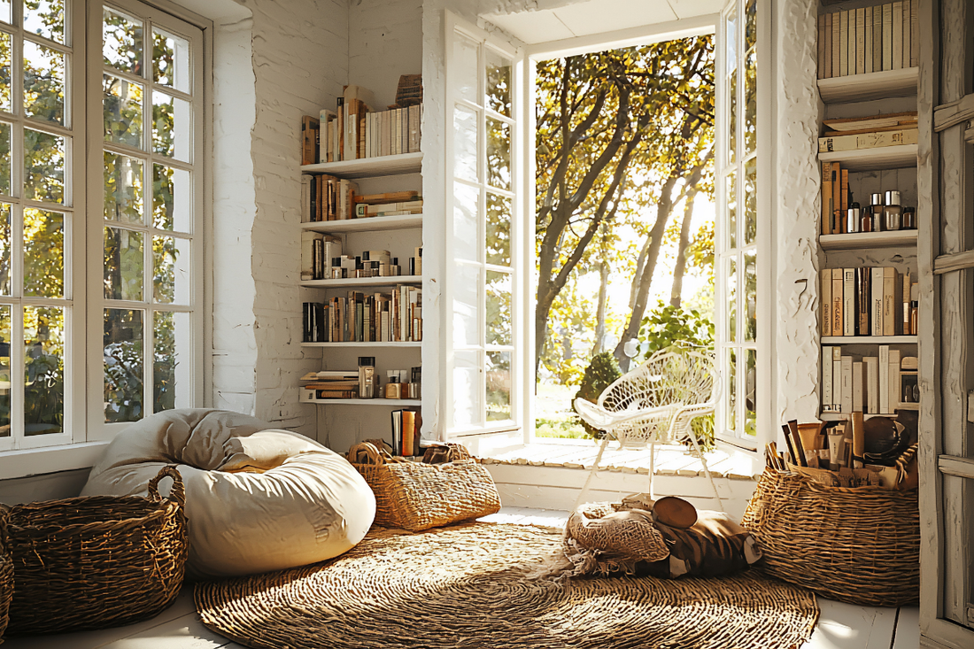 Rincón de lectura acogedor en otoño con puf, cestos de mimbre, alfombra de yute y estanterías con libros junto a una ventana abierta