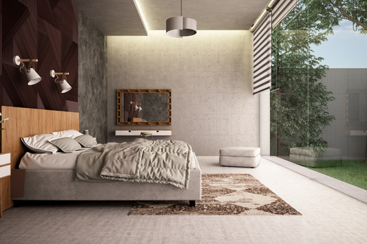 Dormitorio de estilo minimalista con paredes de hormigón, cabecero de madera y ventanal al jardín