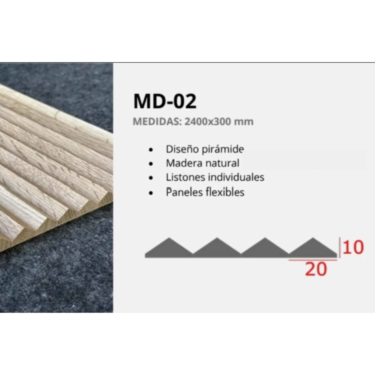 Ficha técnica panel flexible de roble modelo MD-02, diseño pirámide, 2400 x 300 mm